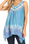 Sakkas Gaia V-neck Sleeveless Tank Top with Embroidery and Handkerchief Hem#color_Turquoise