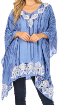 Sakkas Alizia Lightweight Embroidery Batik Top Tunic Blouse Caftan Cover up Poncho#color_SkyBlue