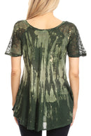 Sakkas Jannat Short Sleeve Casual Work Top Blouse in Tie-Dye with Embroidery Lace