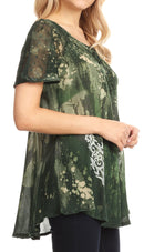 Sakkas Jannat Short Sleeve Casual Work Top Blouse in Tie-Dye with Embroidery Lace