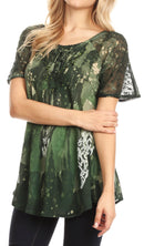Sakkas Jannat Short Sleeve Casual Work Top Blouse in Tie-Dye with Embroidery Lace