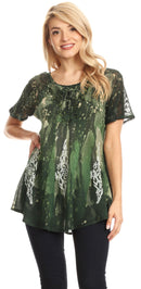 Sakkas Jannat Short Sleeve Casual Work Top Blouse in Tie-Dye with Embroidery Lace