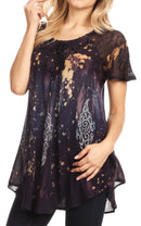 Sakkas Jannat Short Sleeve Casual Work Top Blouse in Tie-Dye with Embroidery Lace