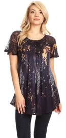 Sakkas Jannat Short Sleeve Casual Work Top Blouse in Tie-Dye with Embroidery Lace