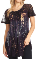 Sakkas Jannat Short Sleeve Casual Work Top Blouse in Tie-Dye with Embroidery Lace