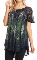 Sakkas Jannat Short Sleeve Casual Work Top Blouse in Tie-Dye with Embroidery Lace