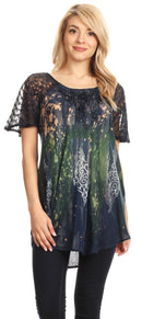 Sakkas Jannat Short Sleeve Casual Work Top Blouse in Tie-Dye with Embroidery Lace