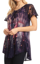 Sakkas Jannat Short Sleeve Casual Work Top Blouse in Tie-Dye with Embroidery Lace