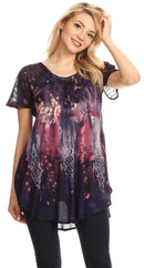 Sakkas Jannat Short Sleeve Casual Work Top Blouse in Tie-Dye with Embroidery Lace
