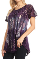Sakkas Jannat Short Sleeve Casual Work Top Blouse in Tie-Dye with Embroidery Lace