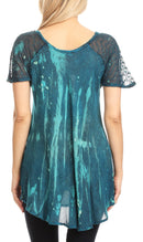 Sakkas Jannat Short Sleeve Casual Work Top Blouse in Tie-Dye with Embroidery Lace