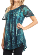 Sakkas Jannat Short Sleeve Casual Work Top Blouse in Tie-Dye with Embroidery Lace