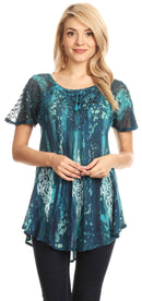 Sakkas Jannat Short Sleeve Casual Work Top Blouse in Tie-Dye with Embroidery Lace