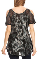 Sakkas Aziza Womens Cold Shoulder Tie-dye Blouse Top with Corset and Embroidery