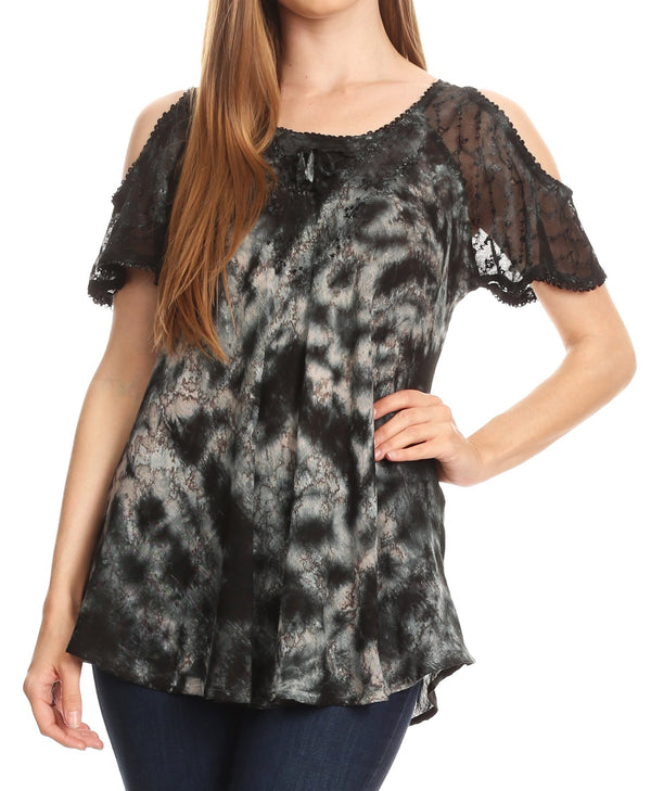 Sakkas Aziza Womens Cold Shoulder Tie-dye Blouse Top with Corset and Embroidery#color_Black