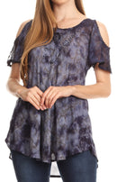 Sakkas Aziza Womens Cold Shoulder Tie-dye Blouse Top with Corset and Embroidery