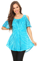 Sakkas Filipa Womens Cold Shoulder Top Blouse Tie-dye with Corset and Embroidery