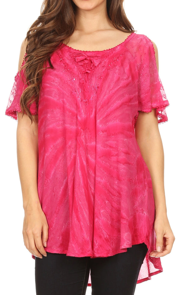 Sakkas Filipa Womens Cold Shoulder Top Blouse Tie-dye with Corset and Embroidery#color_Fuchsia
