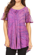 Sakkas Filipa Womens Cold Shoulder Top Blouse Tie-dye with Corset and Embroidery#color_Purple
