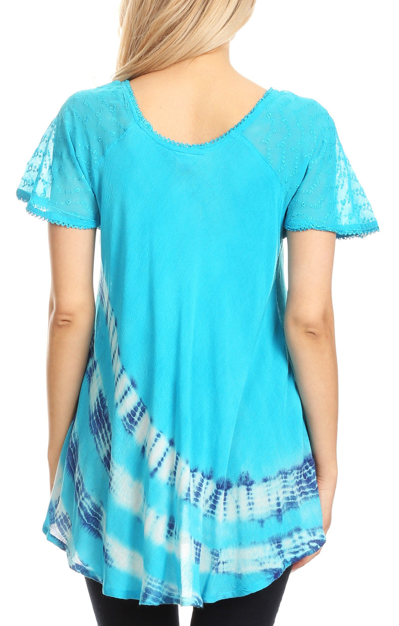 Sakkas Lulu Short Sleeve Summer Casual Fresh Blouse Top Lace Tie-dye & Corset