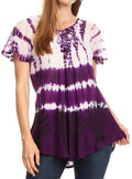 Sakkas Allegra Women's Short Sleeve Loose Fit Casual Tie Dye Blouse Tunic Shirt#color_Purple