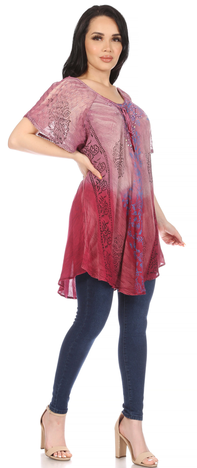 Sakkas Marzia Women's Loose Fit Short Sleeve Casual Tie Dye Batik Blouse Top Tunic