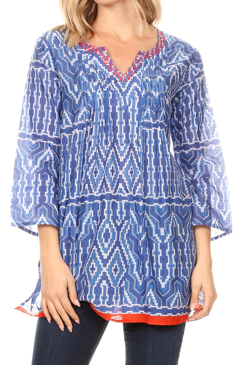 Sakkas Sasa Women's Casual Summer Cotton 3/4 Sleeve Print Loose Tunic Top Blouse
