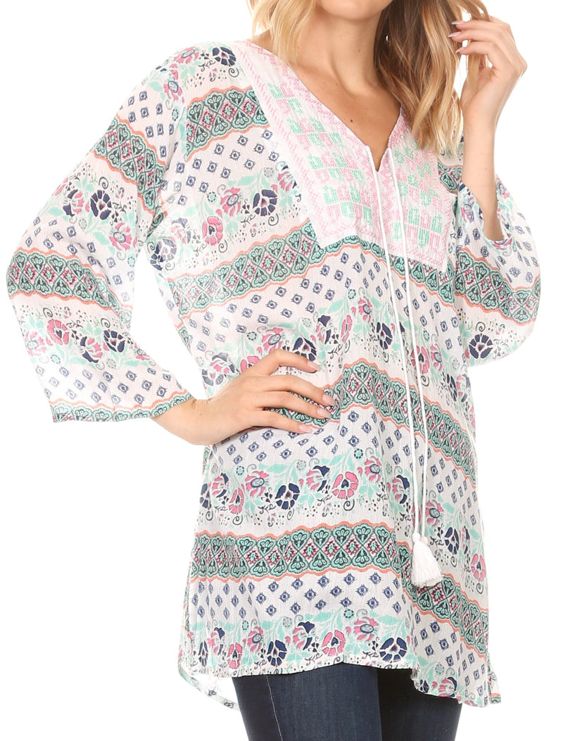 Sakkas Matia Women's Casual Summer Cotton Long Sleeve Print Loose Tunic Top Blouse