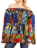 Sakkas Mela Women's Long Sleeve Peplum Off Shoulder Blouse Top in African Ankara#color_144-Multi