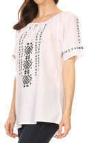 Sakkas Lena Cross Stitch Embroidered Short Sleeve Casual Top Blouse