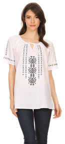 Sakkas Lena Cross Stitch Embroidered Short Sleeve Casual Top Blouse