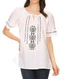 Sakkas Lena Cross Stitch Embroidered Short Sleeve Casual Top Blouse