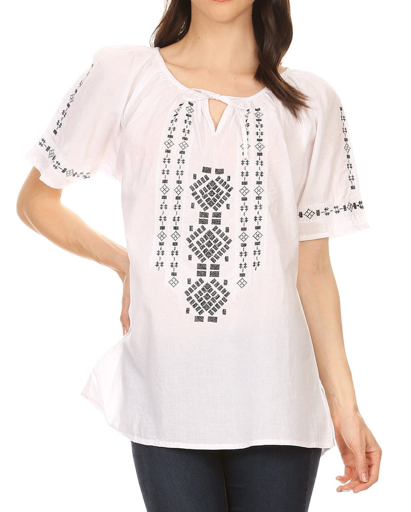 Sakkas Lena Cross Stitch Embroidered Short Sleeve Casual Top Blouse