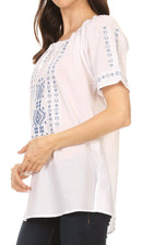 Sakkas Lena Cross Stitch Embroidered Short Sleeve Casual Top Blouse