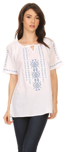 Sakkas Lena Cross Stitch Embroidered Short Sleeve Casual Top Blouse