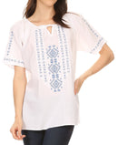 Sakkas Lena Cross Stitch Embroidered Short Sleeve Casual Top Blouse