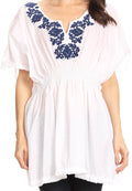 Sakkas Octavia Smocked Dolman Sleeve Fringe Blouse with Split Neck and Embroidery#color_White/Navy