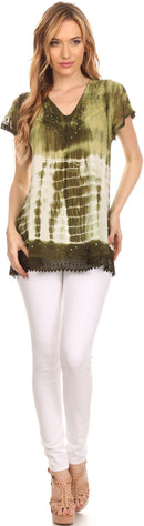 Sakkas Violet Embroidery Tie Dye Sequin Accents Blouse / Top