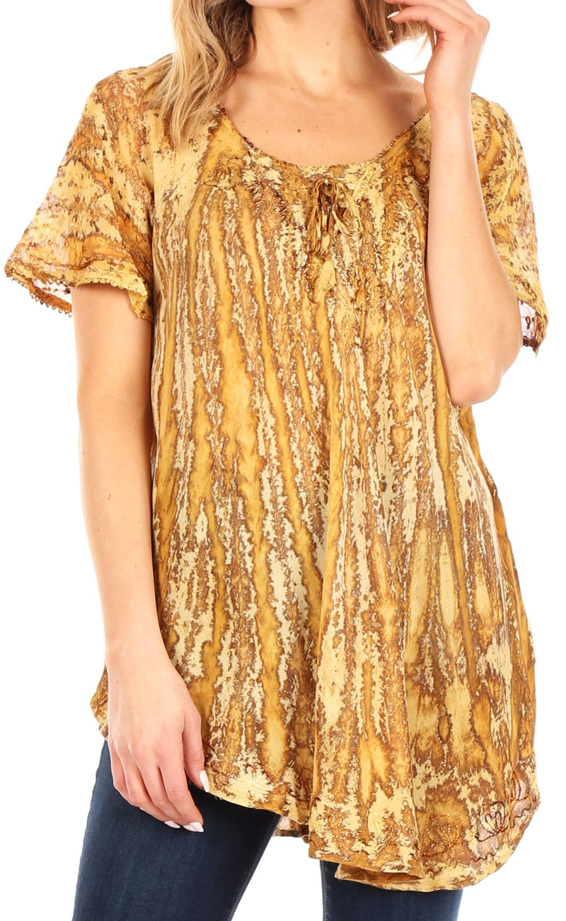 Sakkas Zoya Marbled Embroidery Cap Sleeves Blouse / Top
