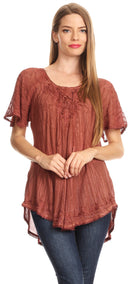 Sakkas Zoya Marbled Embroidery Cap Sleeves Blouse / Top
