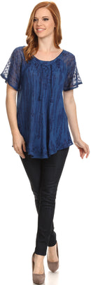 Sakkas Zoya Marbled Embroidery Cap Sleeves Blouse / Top