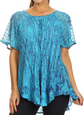 Sakkas Zoya Marbled Embroidery  Cap Sleeves Blouse / Top#color_Turquoise