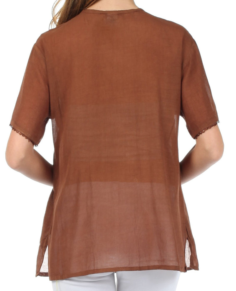 Sakkas Button Down Embroidered Short Sleeve Semi-Sheer Gauzy Cotton Top / Blouse