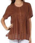 Sakkas Button Down Embroidered Short Sleeve Semi-Sheer Gauzy Cotton Top / Blouse#color_Brown