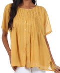 Sakkas Button Down Embroidered Short Sleeve Semi-Sheer Gauzy Cotton Top / Blouse#color_Camel