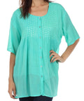 Sakkas Button Down Embroidered Short Sleeve Semi-Sheer Gauzy Cotton Top / Blouse#color_Jade