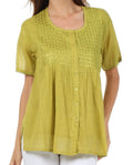 Sakkas Button Down Embroidered Short Sleeve Semi-Sheer Gauzy Cotton Top / Blouse#color_Olive
