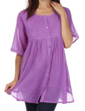 Sakkas Button Down Embroidered Short Sleeve Semi-Sheer Gauzy Cotton Top / Blouse#color_Purple
