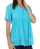 Sakkas Button Down Embroidered Short Sleeve Semi-Sheer Gauzy Cotton Top / Blouse