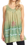 Sakkas Ruth Sequin Embroidered Batik Relaxed Fit Sleeveless V-Neck Top#color_Olive